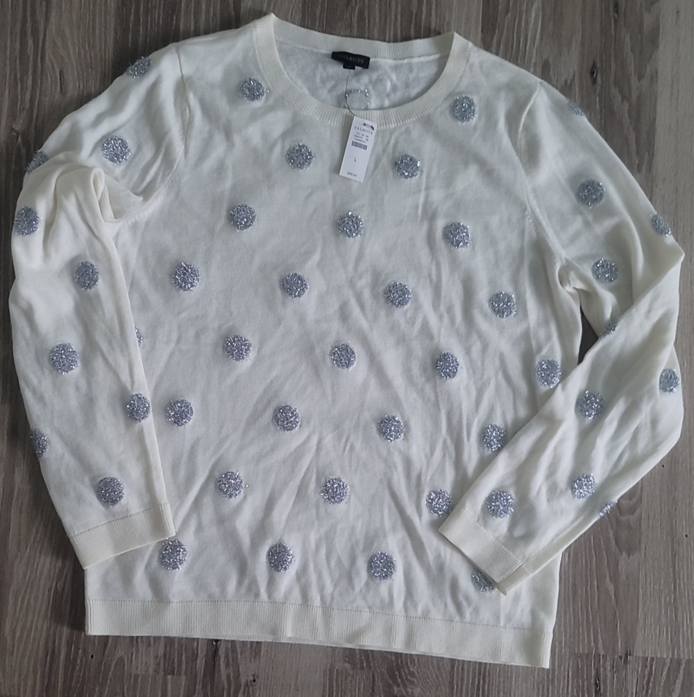 TALBOTS NWT Silver Tinsel Polka Dot Wool Sweater Top Large Winter Holiday White